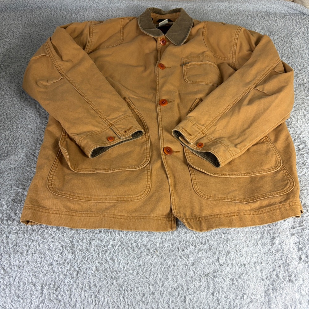 LL Bean Mens Original Field Coat Tan Canvas Primaloft Plaid Lined Jacket L Reg